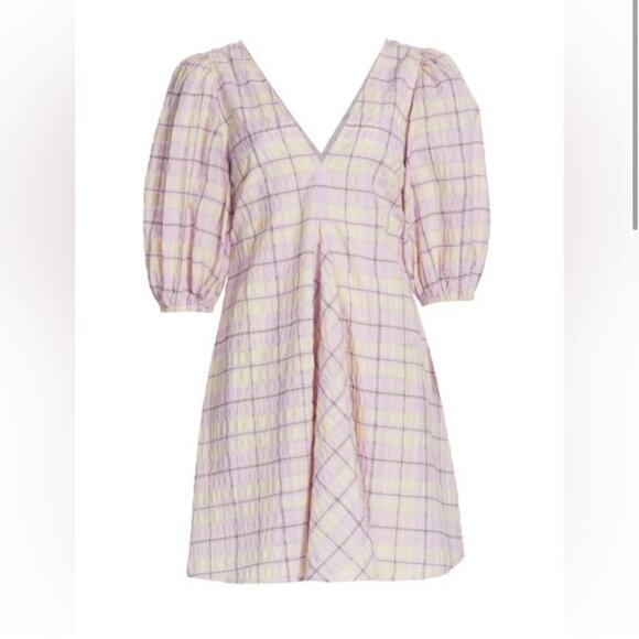 GANNI SEERSUCKER CHECK V NECK MINI DRESS - Picture 3 of 7